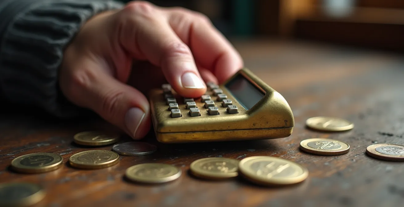 Gros plan sur une main tenant une calculatrice avec des pièces de monnaie sur une table en bois
