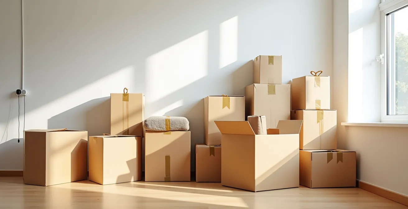 Cartons de déménagement soigneusement organisés dans un intérieur moderne et lumineux