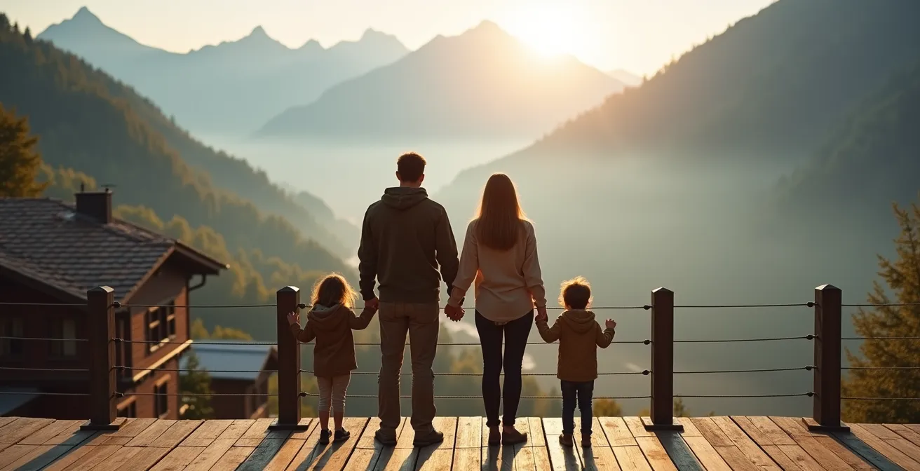 Famille sur une terrasse en bois observant une vallée alpine au coucher du soleil