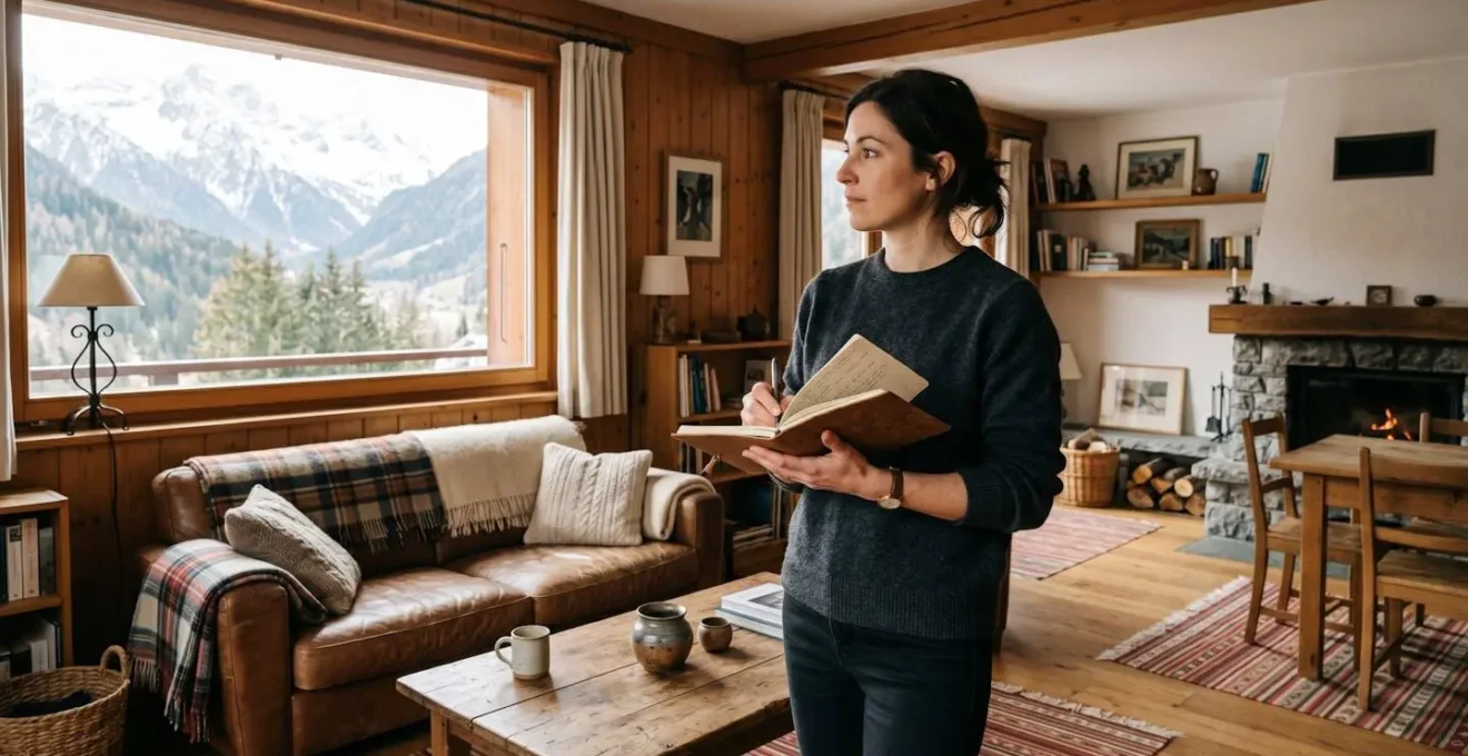 Agent immobilier prenant des notes lors d'une visite d'estimation dans un appartement de station de ski
