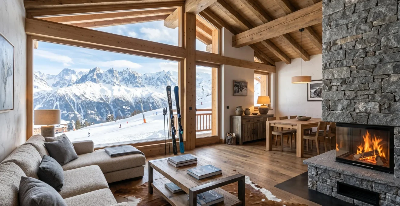 Intérieur d'un appartement haut de gamme en station de ski avec vue sur les pistes et montagnes alpines, mobilier contemporain bois et pierre