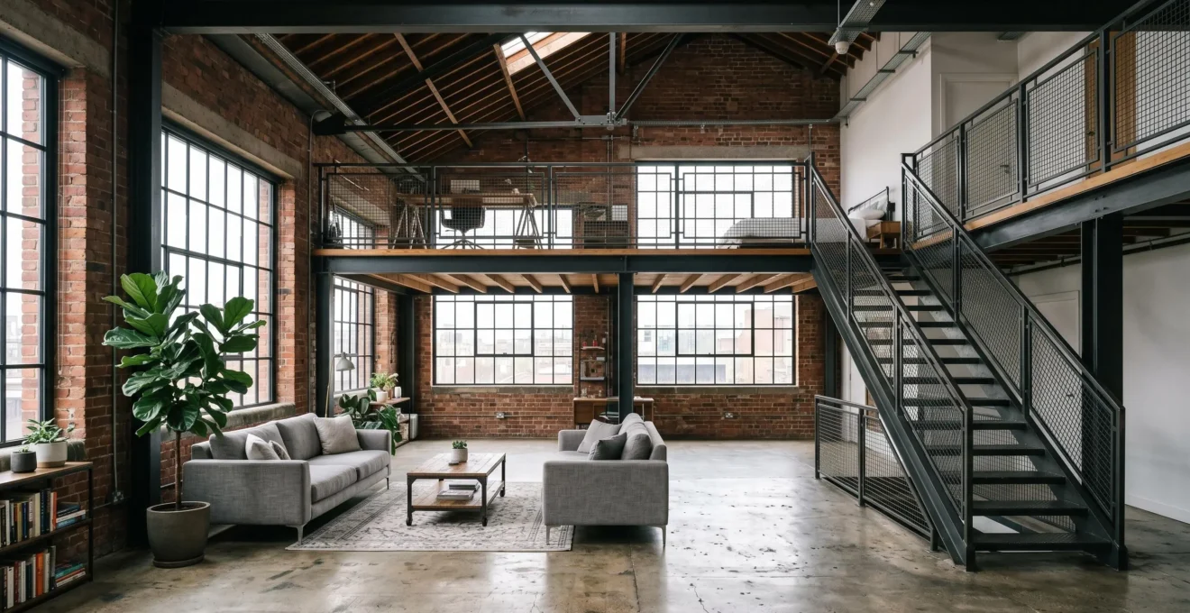 Intérieur d'un loft industriel reconverti avec poutres métalliques apparentes, briques rouges et grande hauteur sous plafond montrant un espace ouvert sans cloisons