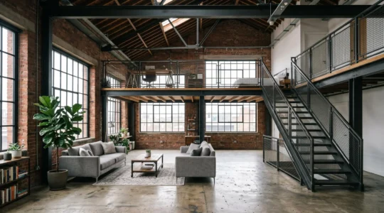 Intérieur d'un loft industriel reconverti avec poutres métalliques apparentes, briques rouges et grande hauteur sous plafond montrant un espace ouvert sans cloisons