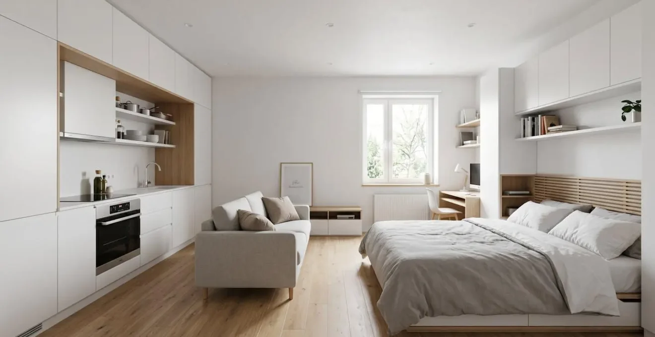 Intérieur d'un studio compact avec cuisine intégrée, coin nuit et espace bureau montrant l'optimisation de l'agencement
