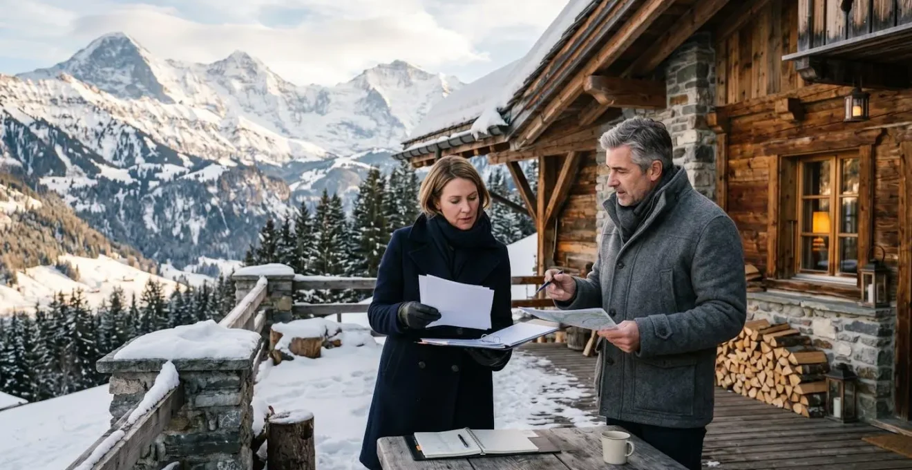 Propriétaire et agent immobilier discutant devant un chalet alpin enneigé