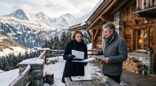 Propriétaire et agent immobilier discutant devant un chalet alpin enneigé